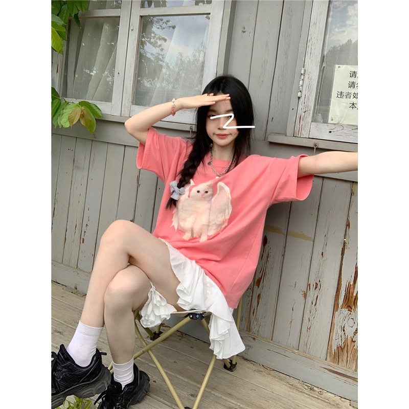 Áo Thun Nữ Tay Ngắn Dáng Rộng In Hình Mèo &amp; Thiên Thần Kiểu Hàn Quốc Thời Trang Mù