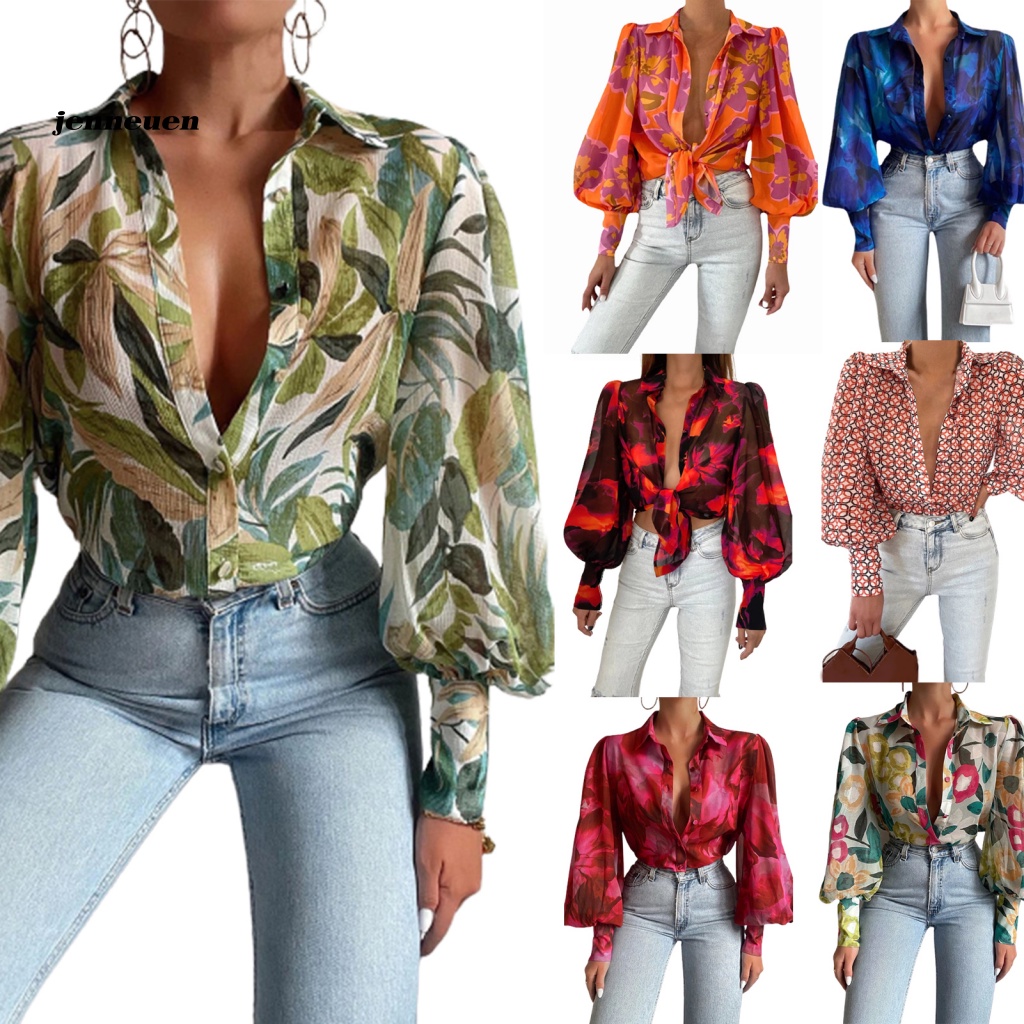 Áo Sơ Mi Cổ Bẻ Tay Phồng In Họa Tiết Hoa Phong Cách Vintage Dành Cho Nữ