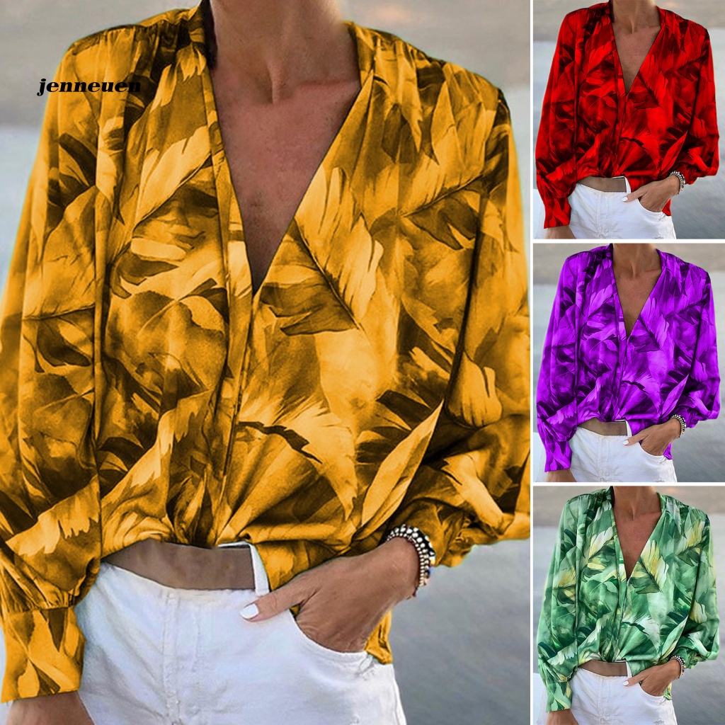 Áo Sơ Mi Tay Phồng Cổ Chữ V In Họa Tiết Lá Cây Phong Cách Vintage Dành Cho Nữ