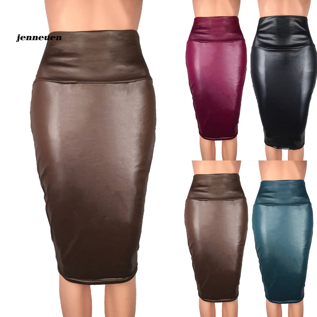 Chân Váy Chữ A Lưng Cao Màu Trơn Giả Da Phối Khóa Kéo Thời Trang Cho Nữ