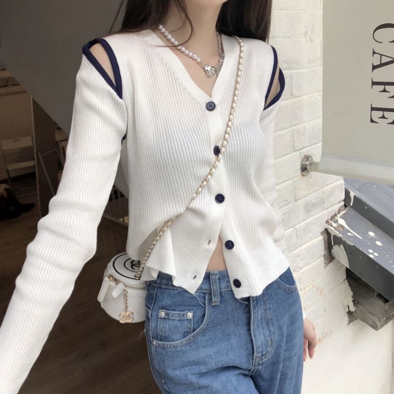 Áo Cardigan Dệt Kim Mỏng Cổ V Tay Dài Hở Vai Kiểu Phương Tây Xinh Xắn Cho Nữ