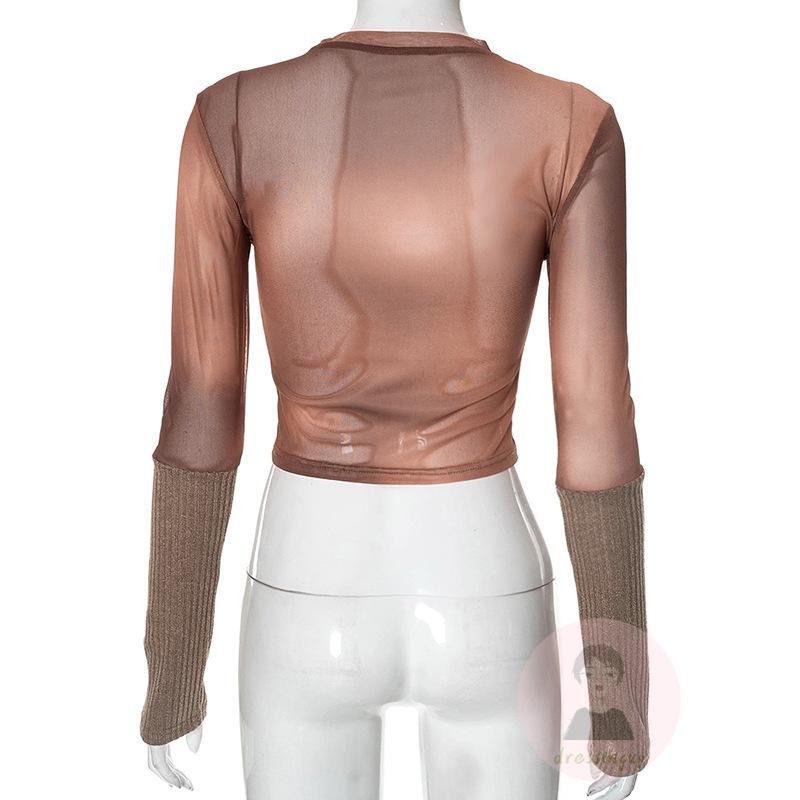 Áo Thun Tay Dài Phối Lưới Cổ Tròn Nhuộm Màu Thời Trang Cho Nữ