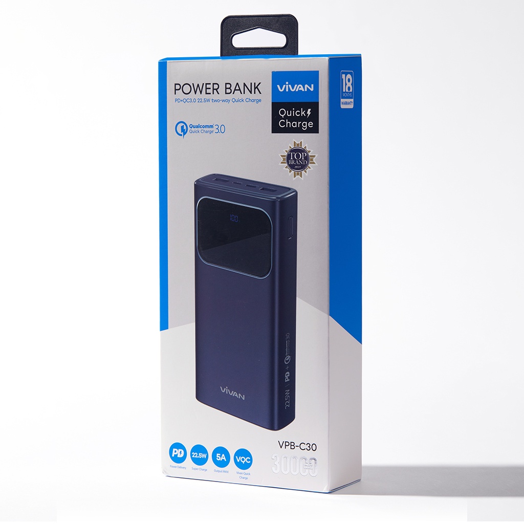 Pin dự phòng sạc nhanh VIVAN VPB-C30 Xanh 30000mAh Hiển thị đèn LED PD+QC3.0 22.5W- bảo hành 12 tháng