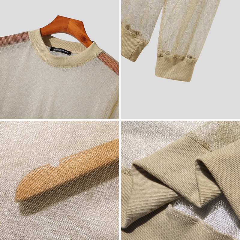 INCERUN Áo Thun Lưới Tay Dài Cổ Cao Dáng Rộng Thời Trang Cho Nữ