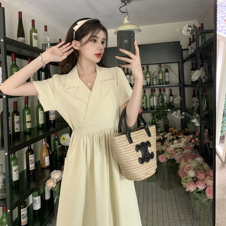 Đầm Chữ A Tay Ngắn Cổ Chữ V Màu Trơn Đơn Giản Thời Trang Mùa Hè Dành Cho Nữ