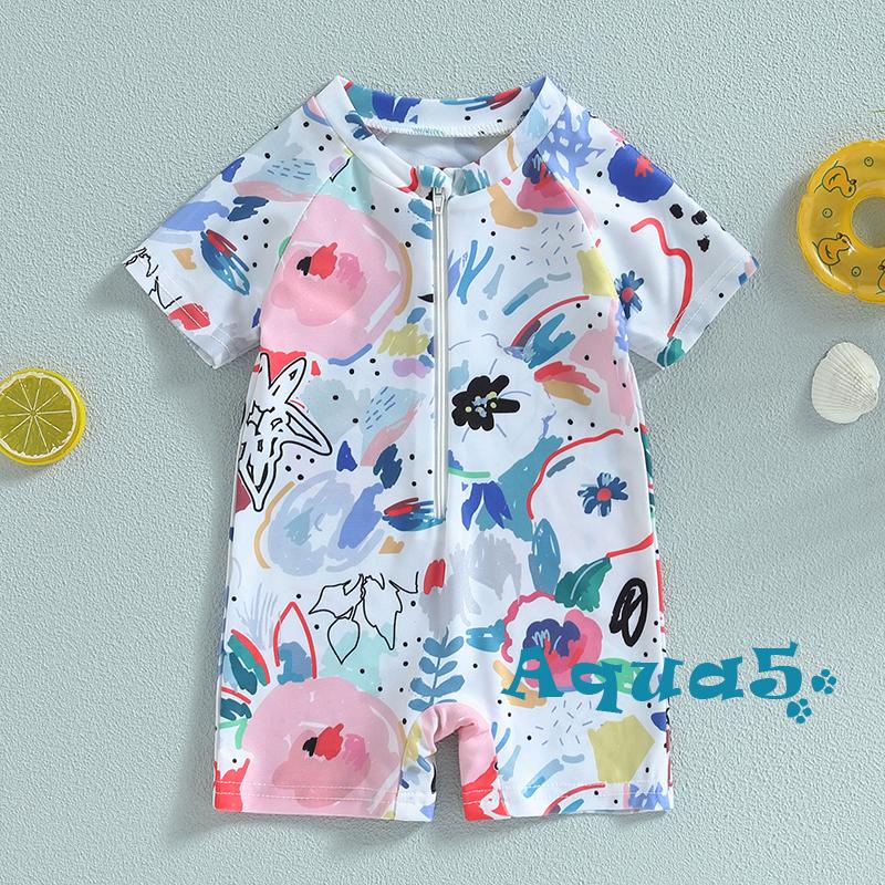 AQQ-Baby Girls Boys Rash Guard Swimsuit Playsuits Watercolour Print Zipper Short Sleeve Sun Protecti