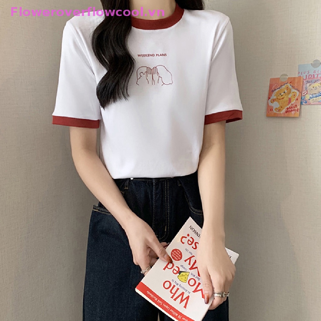 Áo Thun Tay Ngắn Cổ Tròn Màu Sắc Tương Phản Phong Cách Retro Dành Cho Nữ