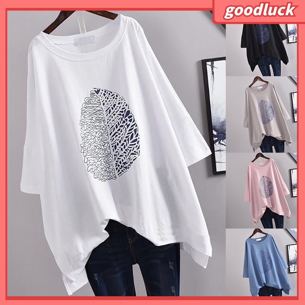 Áo Thun Cổ Tròn Tay 3 / 4 In Họa Tiết Lá Cây Dành Cho Nữ