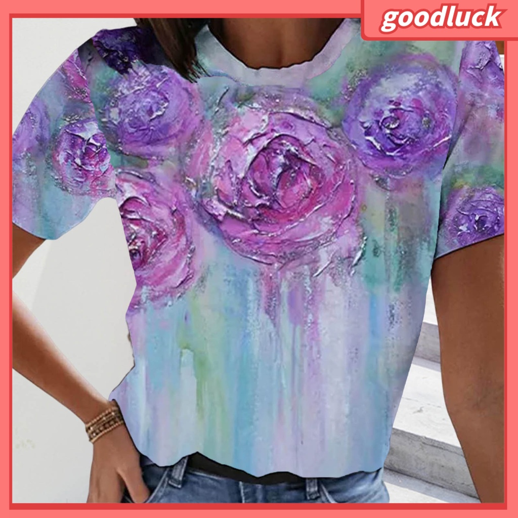 Áo Sơ Mi Cổ Tròn Dáng Rộng In Họa Tiết Hoa Màu Nhuộm Thoải Mái Thời Trang Mùa Hè Cho Nữ