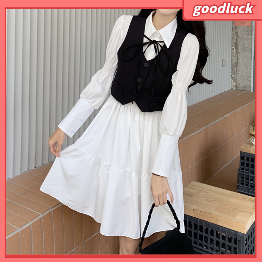 Set 2 Món Đầm Sơ Mi Tay Dài Eo Co Giãn Nhún Bèo Thời Trang Mùa Thu Cho Nữ