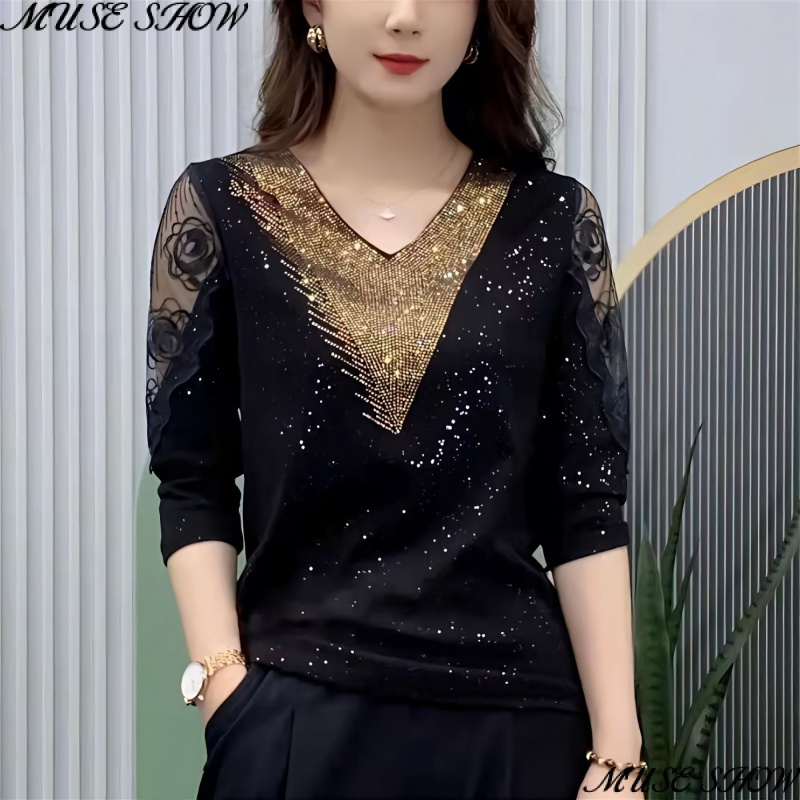 Áo Thun Tay Lửng Cổ Chữ V Phối Ren Dáng Ôm Thời Trang Xuân Hè 2023 Cho Nữ