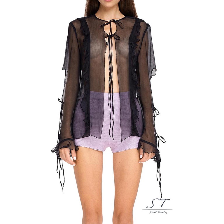 Áo Thun Dài Tay Phối Bèo Xuyên Thấu Phong Cách Đường Phố CY03