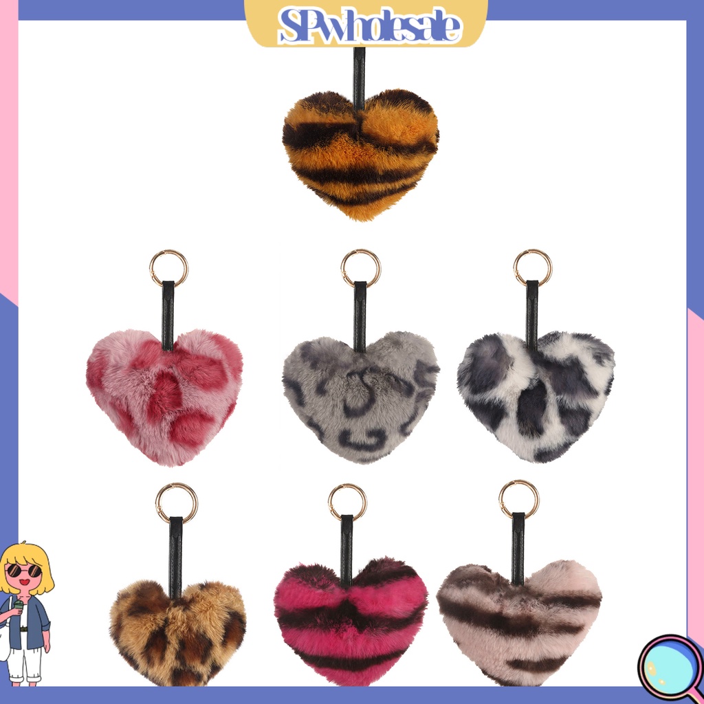 <SPwholesale> Móc Khóa Hình Trái Tim Họa Tiết Da Báo Bằng Lông Nhung Thời Trang