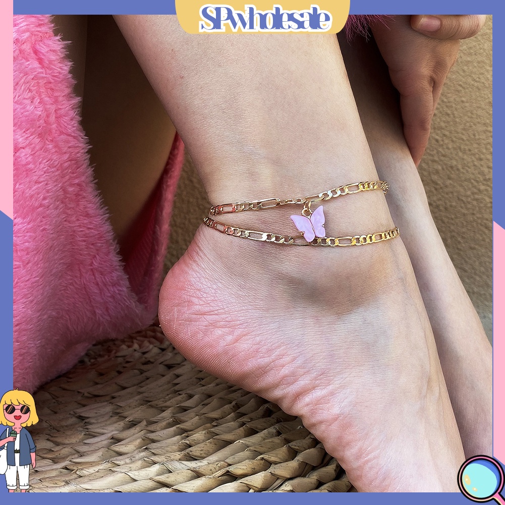 &lt;SPwholesale&gt; Bộ 2 Dây Đeo Mắt Cá Chân Bằng Hợp Kim Hình Bướm Nhỏ Có Thể Điều Chỉnh Cho Nữ