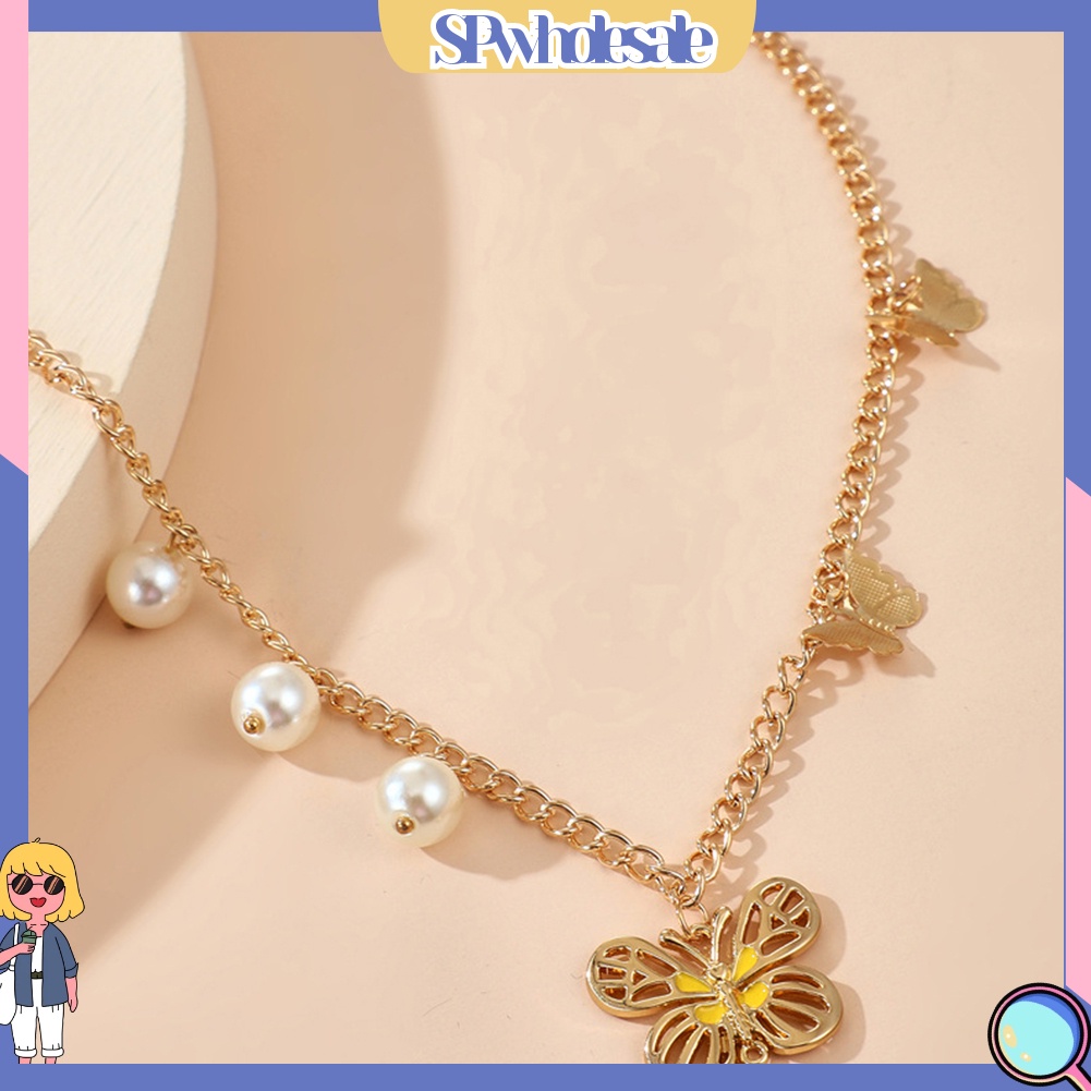 &lt;SPwholesale&gt; Vòng cổ Hợp Kim Mặt Hình Bướm Đính Ngọc Trai Nhân Tạo Thời Trang