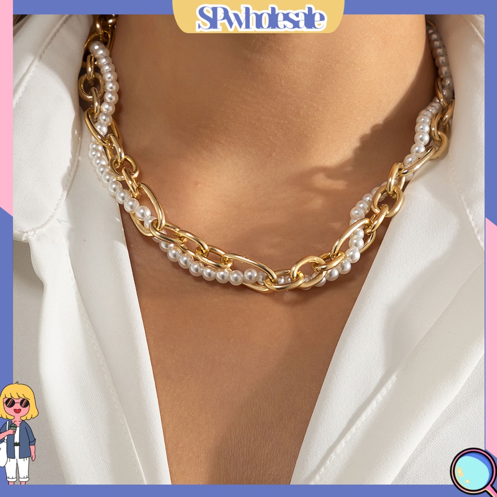 &lt;SPwholesale&gt; Vòng cổ Mặt Hình Mặt Trăng Đính Ngọc Trai Nhân Tạo Thời Trang