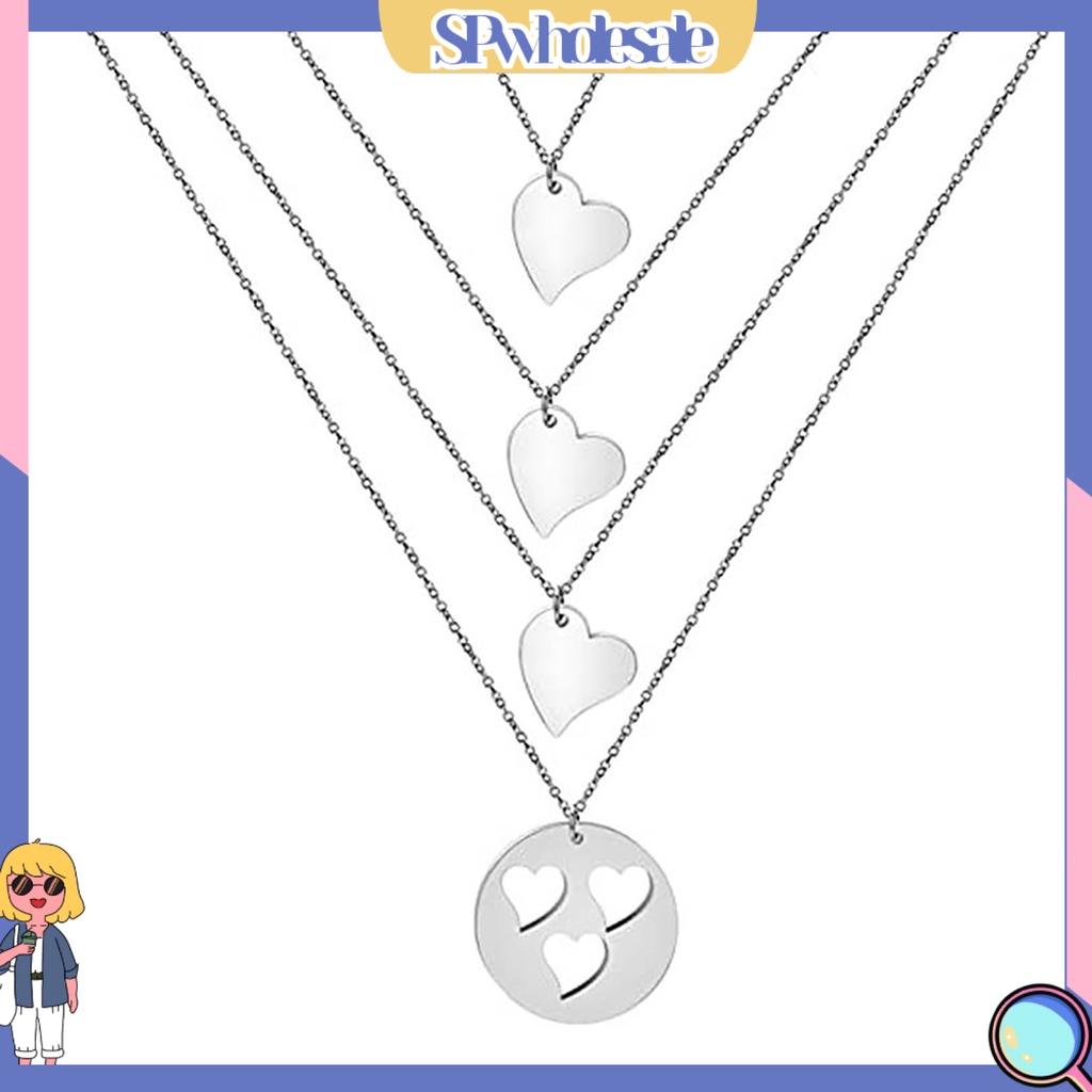 <SPwholesale> 1 / 1 Vòng cổ Nhiều Lớp Mặt Hình Trái Tim Bằng Thép Không Gỉ