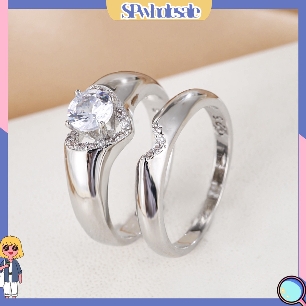 &lt;SPwholesale&gt; 1 Cặp Nhẫn Đính Hôn Đính Đá Hình Trái Tim Lấp Lánh Dành Cho Nam Và Nữ