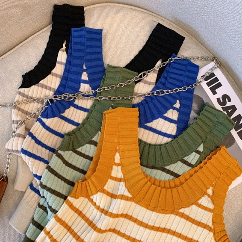 Áo Dệt Kim Sát Nách Họa Tiết Kẻ Sọc Màu Tương Phản Thời Trang Mùa Hè Cao Cấp Cho Nữ