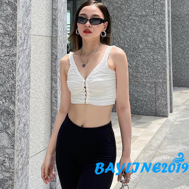 Bay- Áo Crop Top Không Tay Hở Rốn Ôm Dáng Màu Trơn Khóa Móc Phía Trước Mùa Hè Đường Phố Cho Nữ