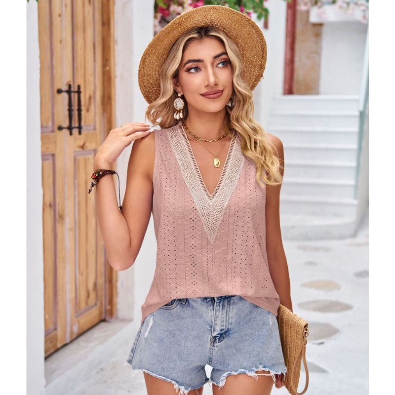 Youyo Áo Tank Top Không Tay Cổ Chữ V Phối Ren Đơn Giản Dễ Phối Đồ Mùa Hè Dành Cho Bạn Nữ