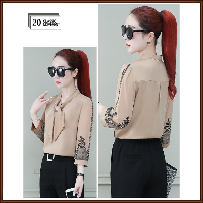 Áo Sơ Mi Tay Lửng Cổ Chữ V Thắt Nơ In Họa Tiết Đơn Giản Thời Trang Dành Cho Nữ