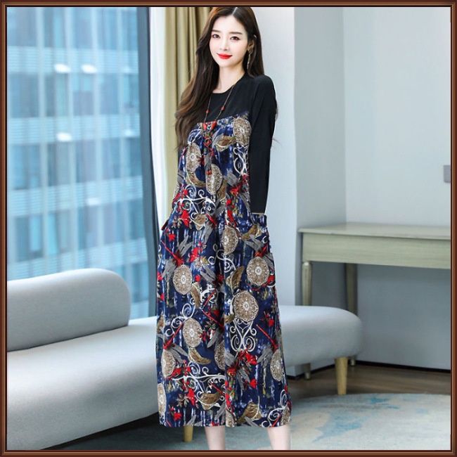 Đầm Chữ A Tay Dài Cổ Tròn Dáng Rộng In Họa Tiết Hoa Xinh Xắn Thời Trang Cho Nữ