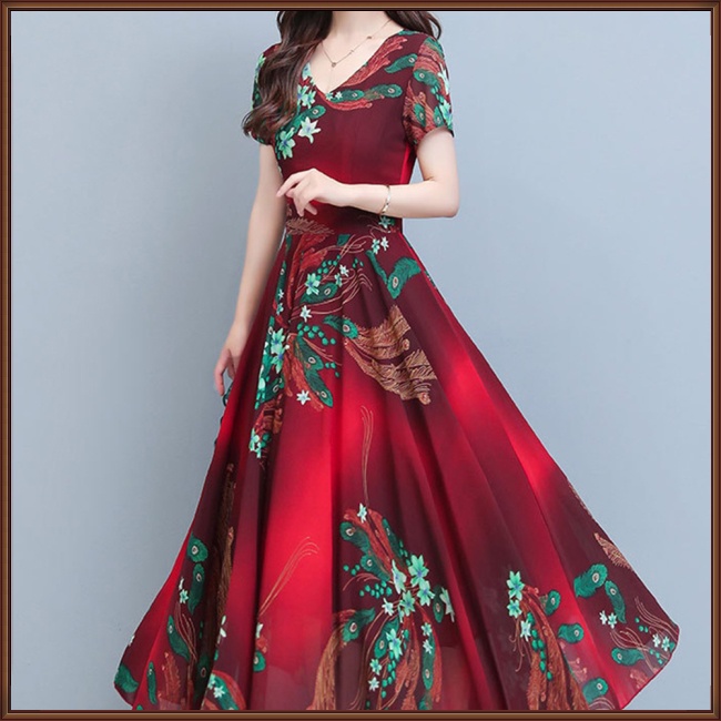 Đầm Dài Dáng Chữ A Tay Ngắn Cổ Chữ V In Họa Tiết Thời Trang Cho Nữ