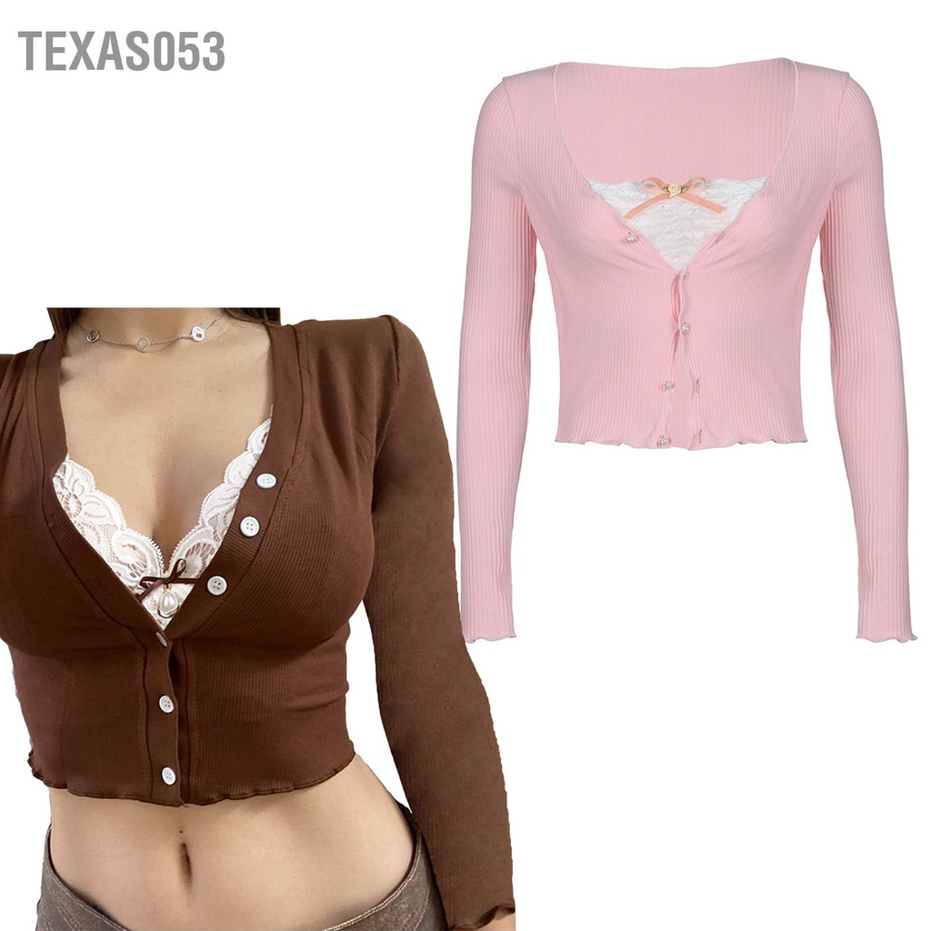 Texas053 Phụ Nữ Cài Nút Xuống Đan Ngắn Tay Dài Phối Ren Bé Gái Cổ V Áo Len Cho Mùa Thu