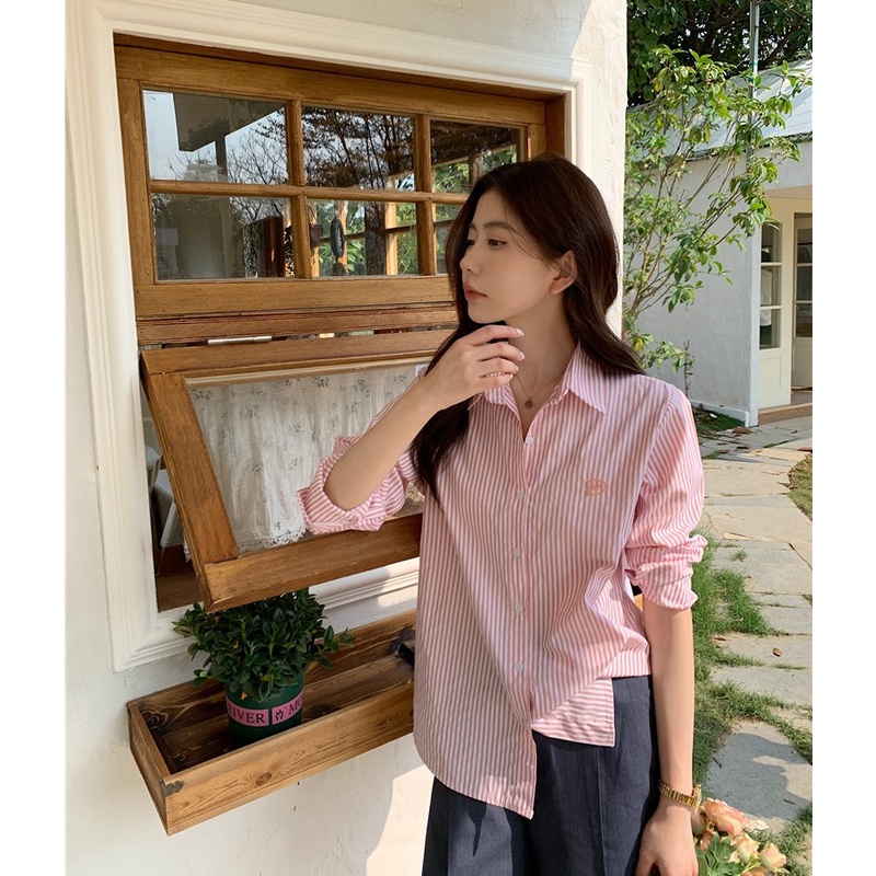 Áo Sơ Mi Tay Dài Dáng Rộng Hoạ Tiết Kẻ Sọc Thiết Kế Cổ Bẻ Thanh Lịch