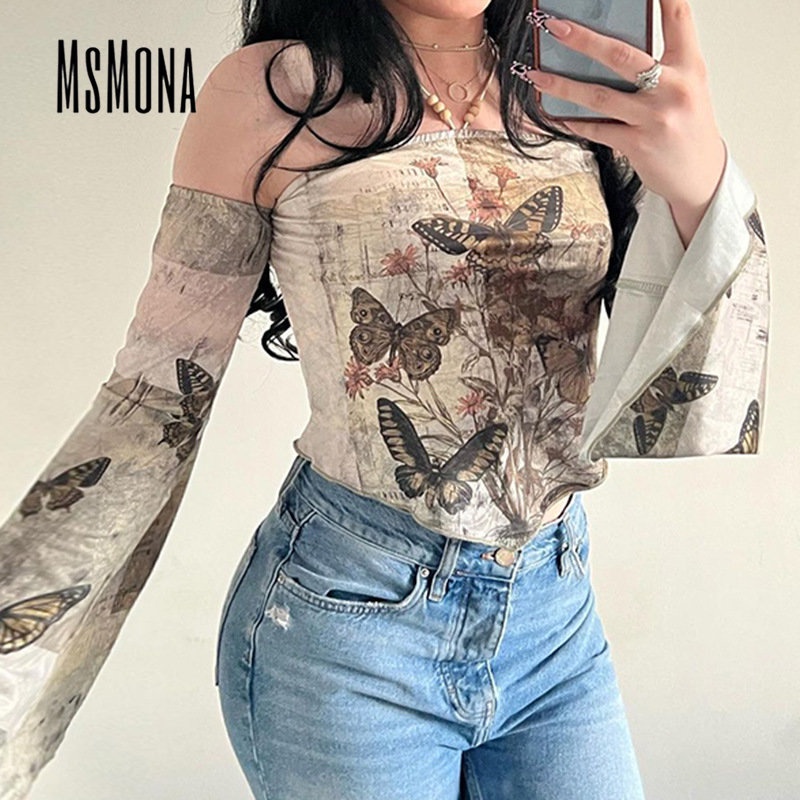 Áo Thun Tay Dài Trễ Vai Dáng Ôm In Họa Tiết Bươm Bướm Màu Tương Phản Thời Trang 2023 Cho Nữ