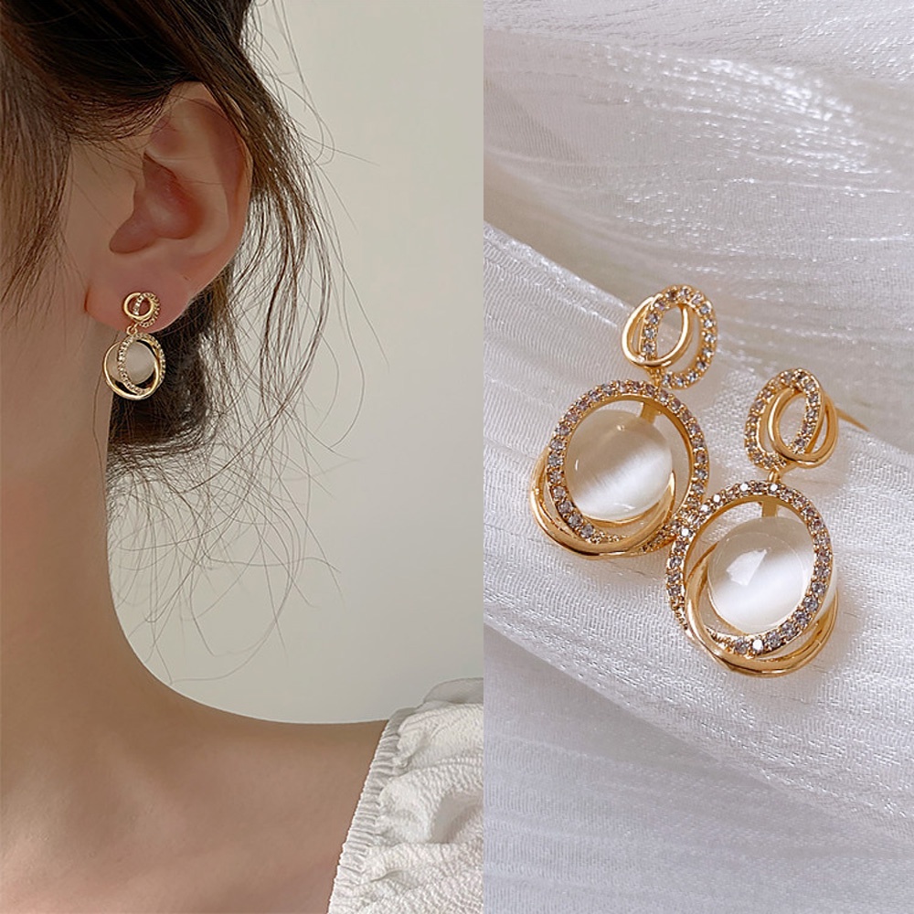 Bông Tai Tròn Đính Đá Mắt Mèo 3D Thời Trang Hàn Quốc Dành Cho Nữ