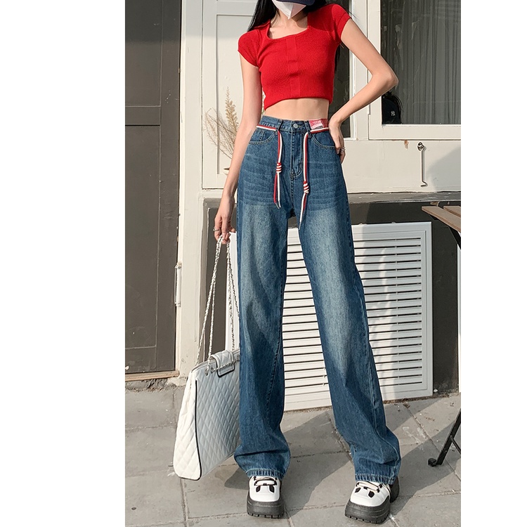 Quần Jean Lưng Cao Ống Rộng Phối Dây Rút Cá Tính Theo Phong Cách Mùa Hè Hàn