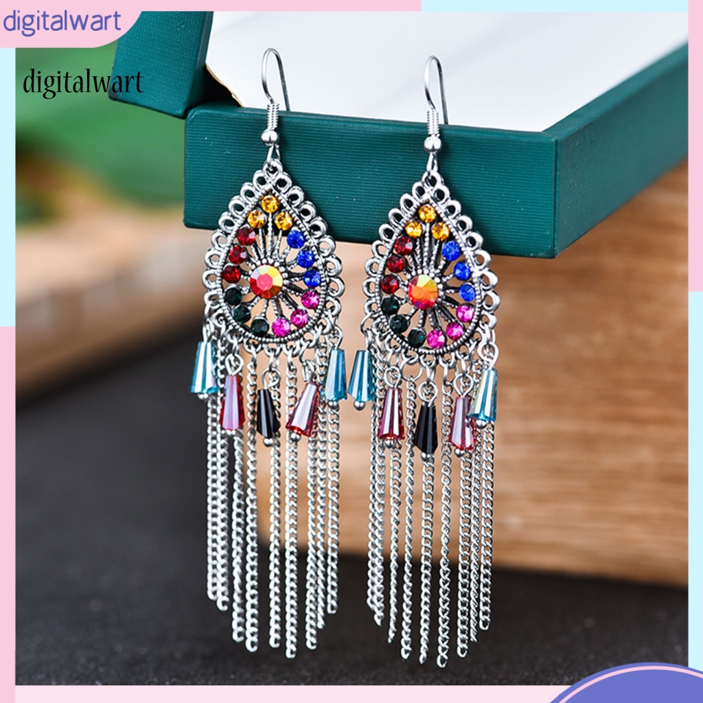 Kỹ Thuật Số| 1 Đôi Bông Tai Hình Giọt Nước Đính Đá Phối Tua Rua Phong Cách Vintage Dành Cho Nữ