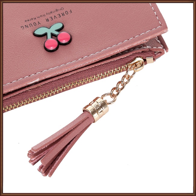 Ví Ngắn Dạng Gập Có Nhiều Ngăn Đựng Thẻ Màu Trơn Đính Tua Rua Và Khóa Kéo Thời Trang Cho Nữ