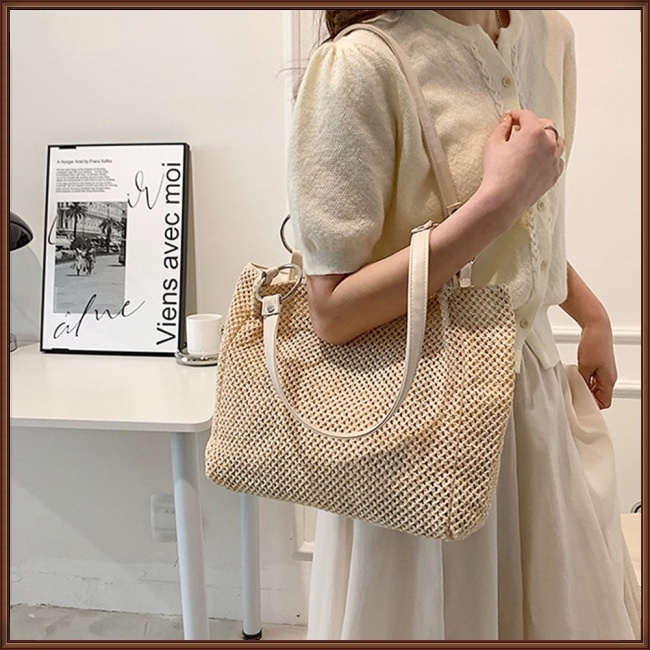 Túi Rơm Đeo Vai Sức Chứa Lớn Màu Trơn Có Khóa Kéo Thời Trang Đi Biển Mùa Hè Cho Nữ