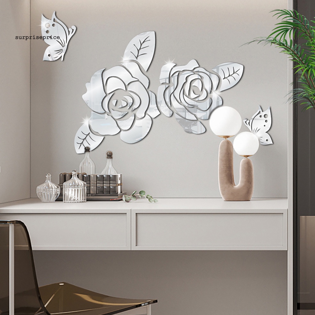 Decal dán tường Bằng Acrylic Họa Tiết Hoa Hồng Và Bướm 3D Tinh Xảo Có Thể Tháo Gỡ Trang Trí Nhà Cửa