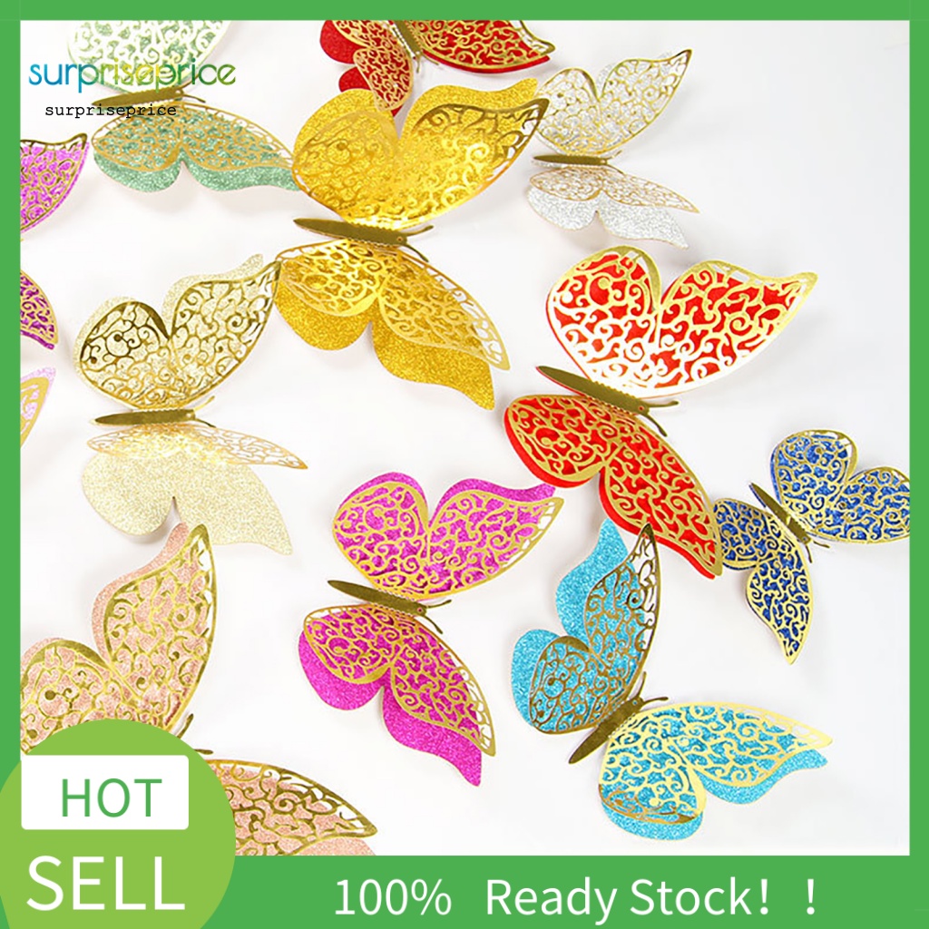 Bộ 12 Miếng Dán Tường Trang Trí Hình Bướm 3D Nhiều Màu Sắc Sống Động