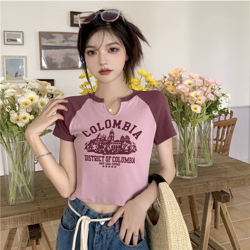 Áo Thun Tay Ngắn Hở Vai Màu Sắc Retro Dành Cho Nữ