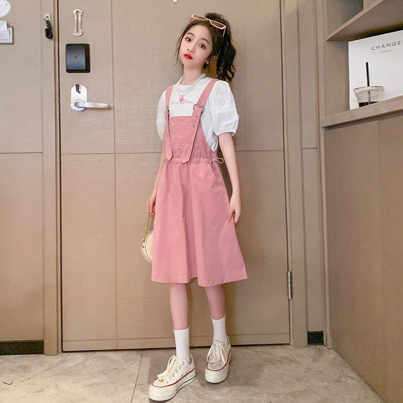 Bộ Áo Thun Tay Ngắn Và Váy Yếm Màu Hồng Thời Trang Mùa Hè Mới 2023 Dành Cho Bé Gái