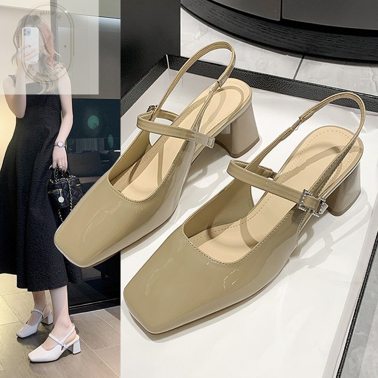 Giày Sandal Cao Gót Da PU Mũi Vuông Thời Trang Sành Điệu 6-8cm