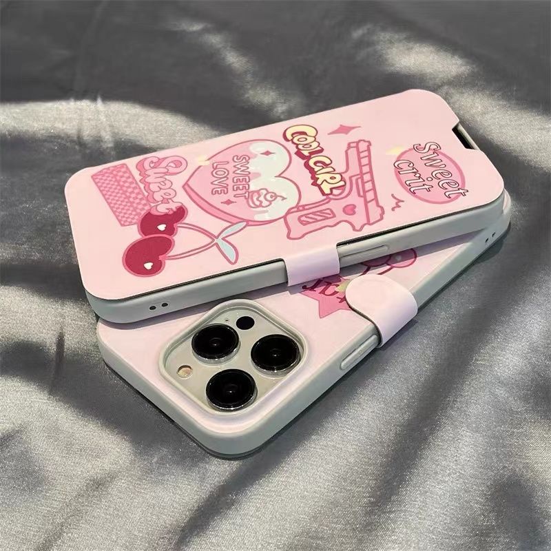 Ốp Điện Thoại Da Nắp Gập Chống Rơi Họa Tiết Cherry Màu Hồng Cho Iphone 13 14promax 11