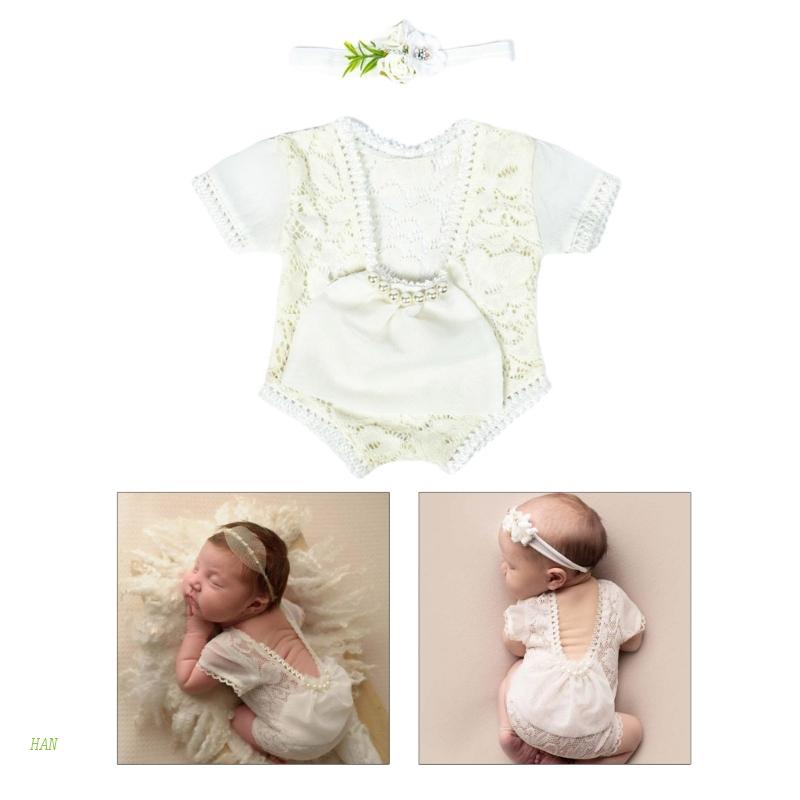 Bộ Áo Liền Quần Phối Ren + Băng Đô Xinh Xắn Dùng Chụp Ảnh Cho Bé Sơ Sinh