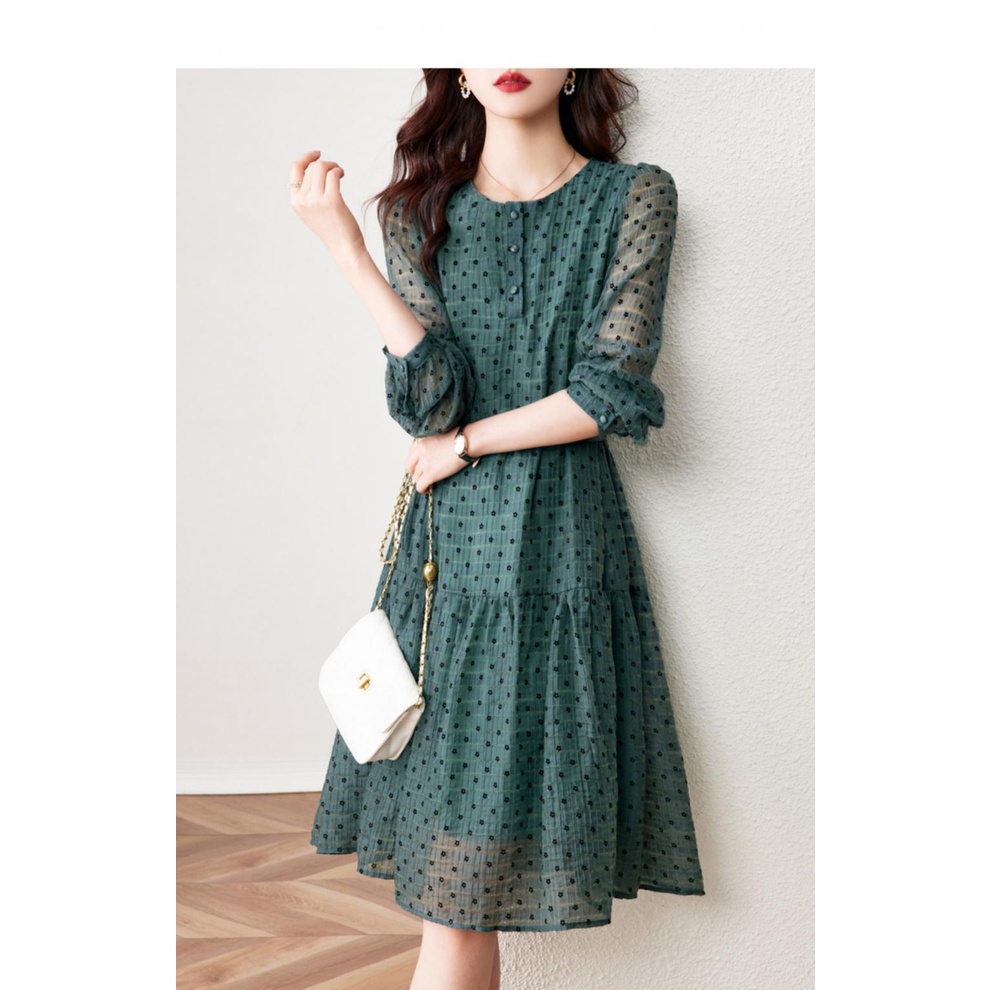 Đầm váy xanh voan hoa nhí hè thu đi chơi đi làm du lịch thời trang nữ quảng châu cao cấp phối belt bán chạy Xiny D178230