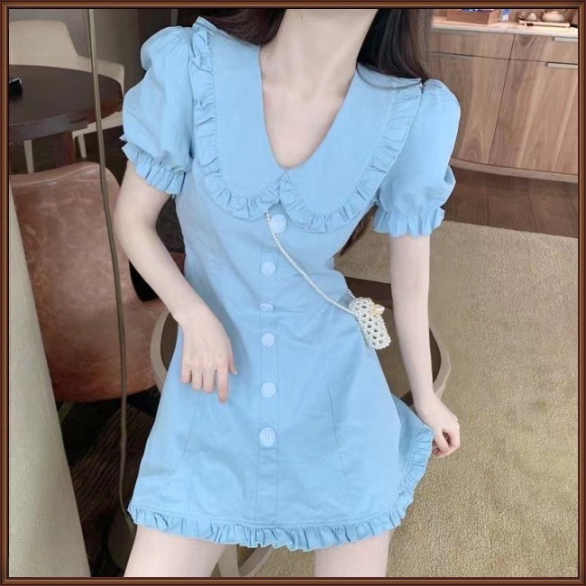 Đầm Chữ A Tay Phồng Cổ Búp Bê Phối Bèo Dáng Ôm Xinh Xắn Cho Nữ