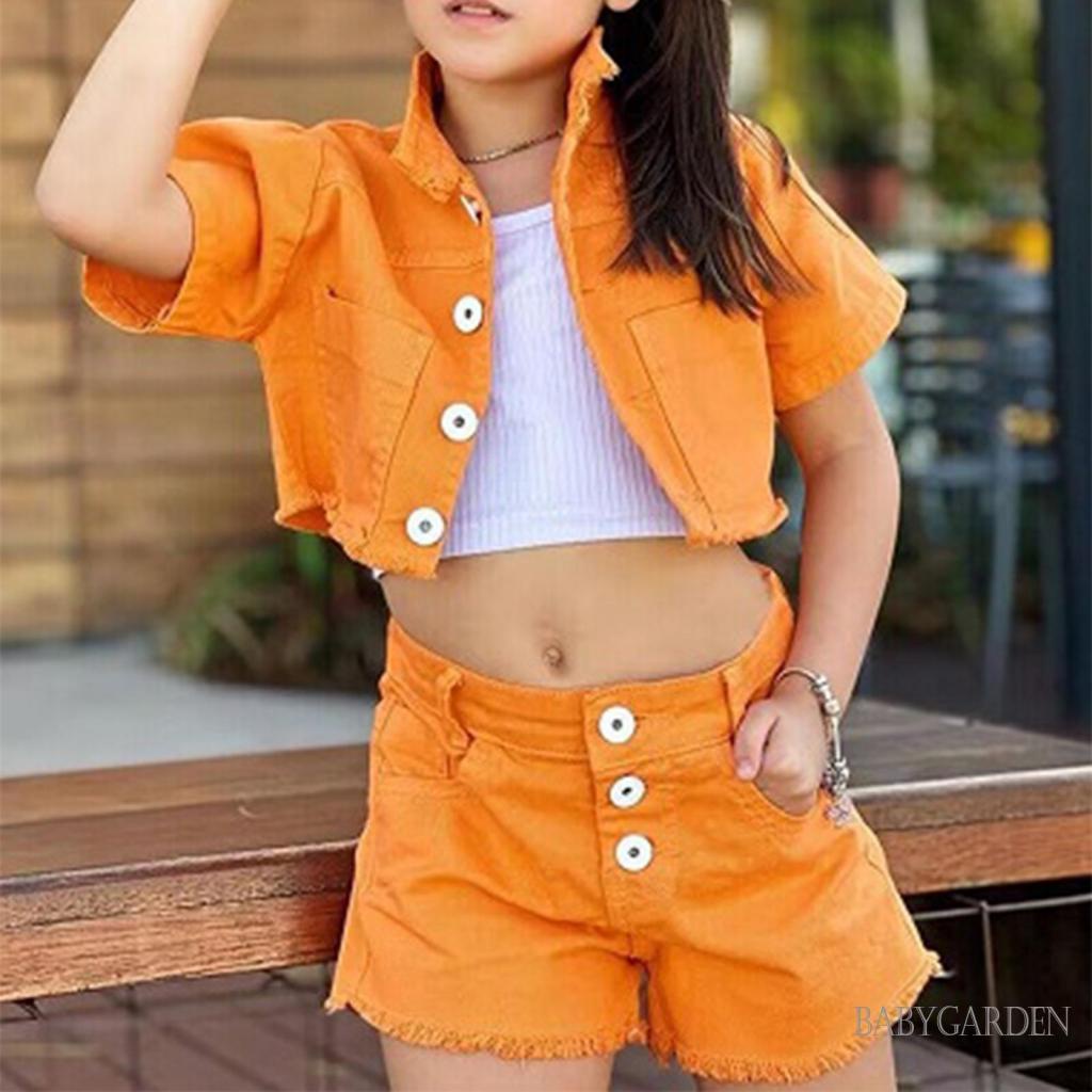 Set Áo Thun Ngắn Tay Đính Nút + Quần Short Denim Thời Trang Mùa Hè Cho Bé Gái 1-6 Tuổi