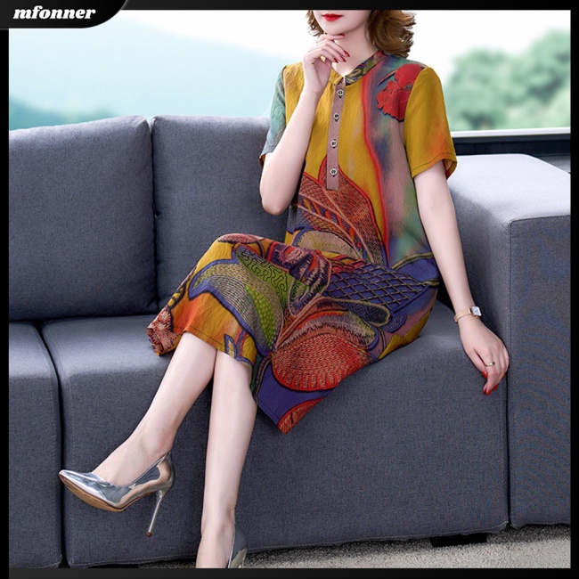 Đầm Chữ A Tay Ngắn Cổ Chữ V Eo Cao In Họa Tiết Cổ Điển Thời Trang Mùa Hè Dành Cho Nữ