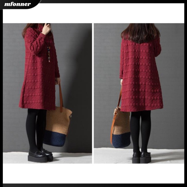 Đầm Chữ A Tay Dài Dáng Rộng Cổ Lọ Màu Sắc Đơn Giản Cho Nữ