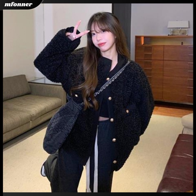 Áo Khoác Nữ Tay Dài Dáng Rộng Cổ Tròn Thời Trang Mùa Đông