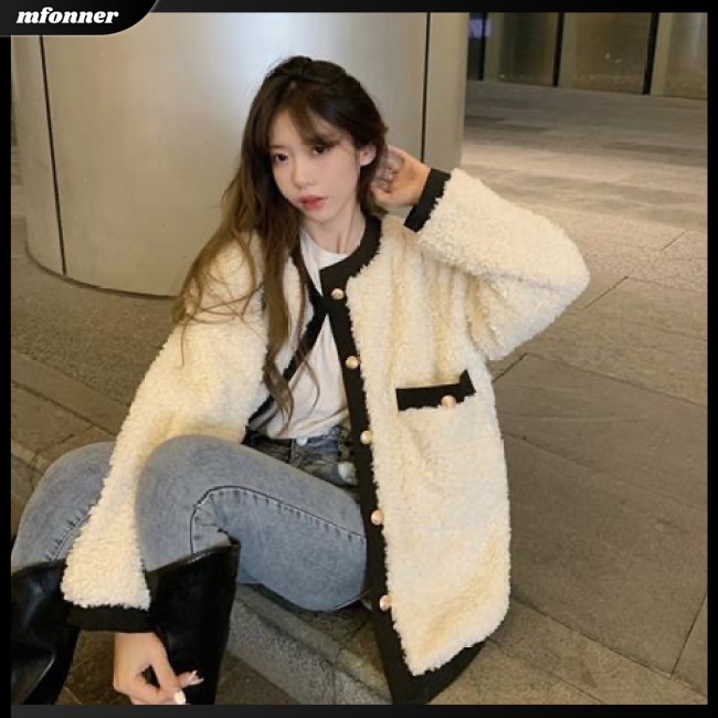 Áo Khoác Nữ Tay Dài Dáng Rộng Cổ Tròn Thời Trang Mùa Đông